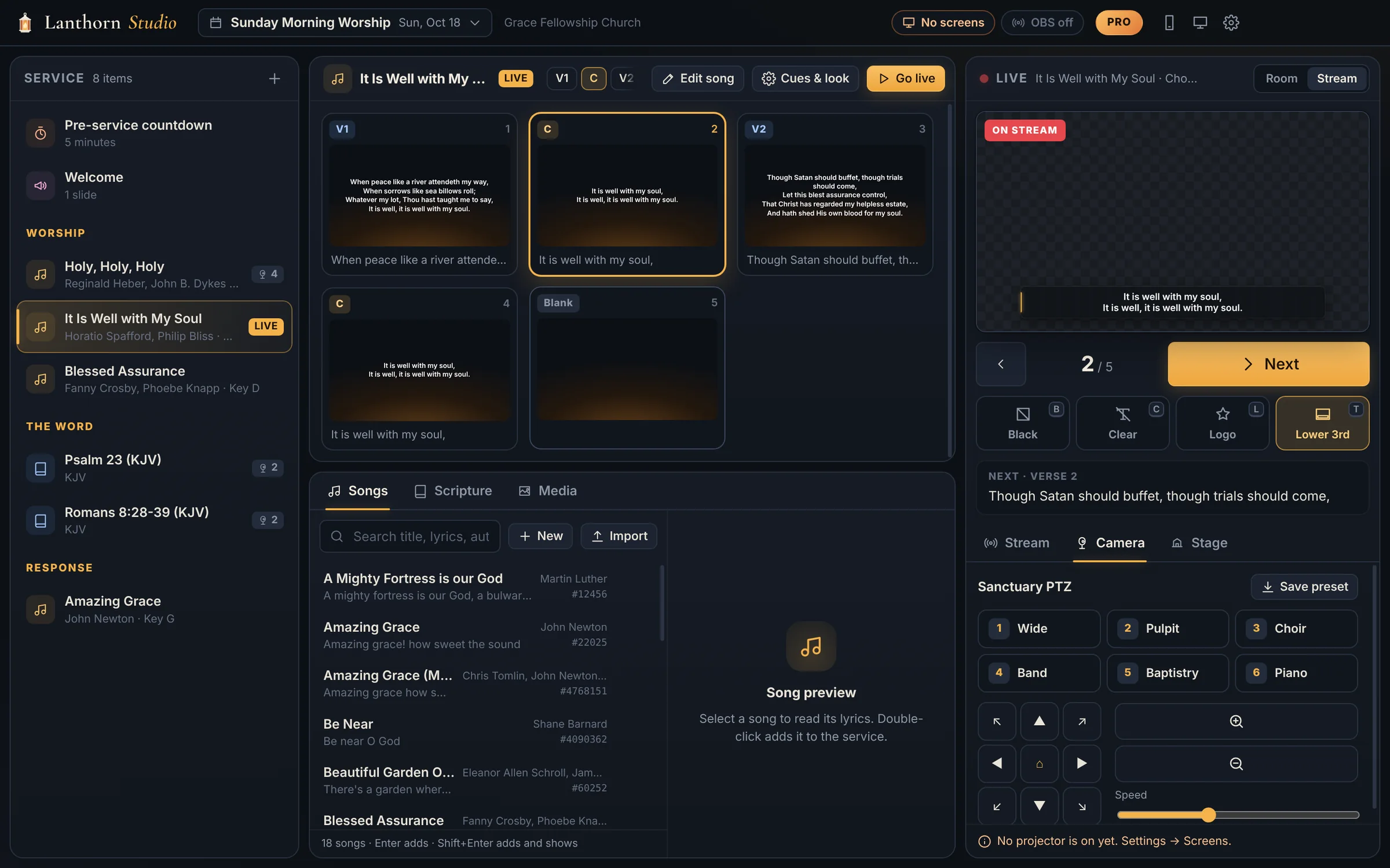 The operator window with the live monitor switched to Stream: an On Stream badge and the lower-third preview of the chorus, the Go live button in the toolbar, and the camera presets below.
