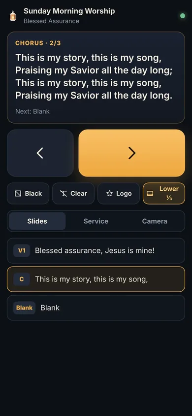 The phone remote showing the current chorus of Blessed Assurance, large previous and next buttons, and black, clear, logo and lower-third buttons.