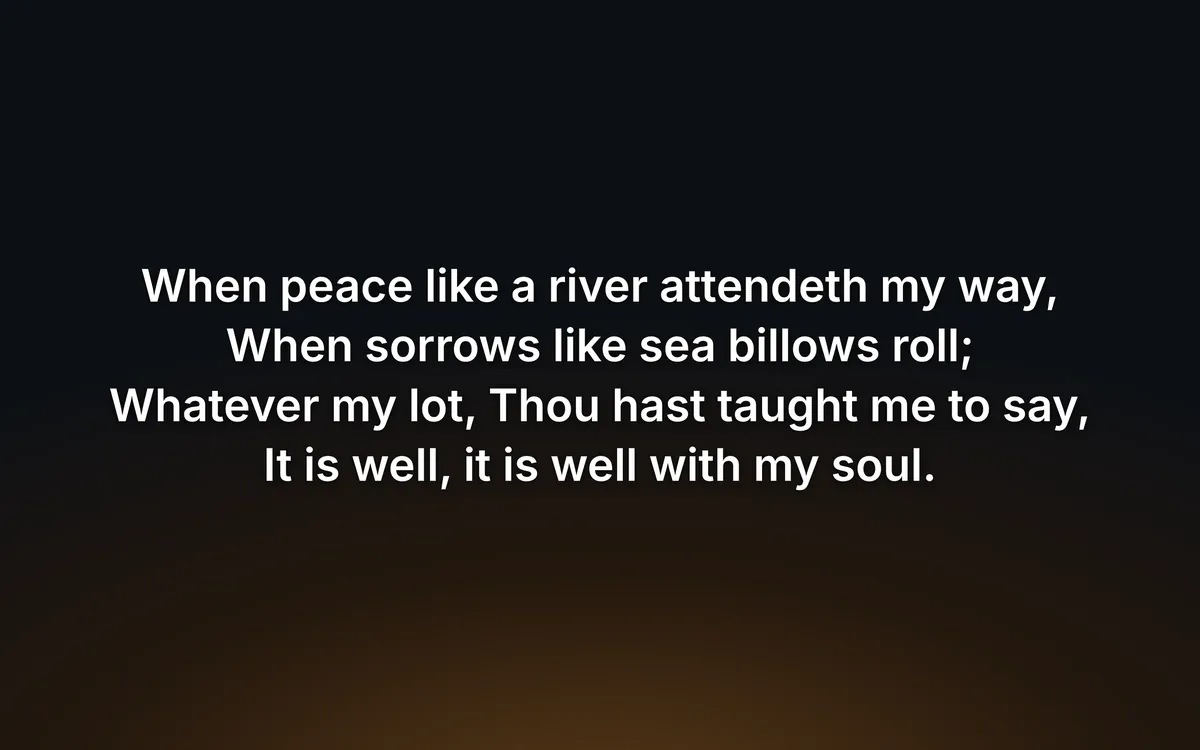 The projector showing verse one of It Is Well With My Soul in large white type over a warm amber glow.