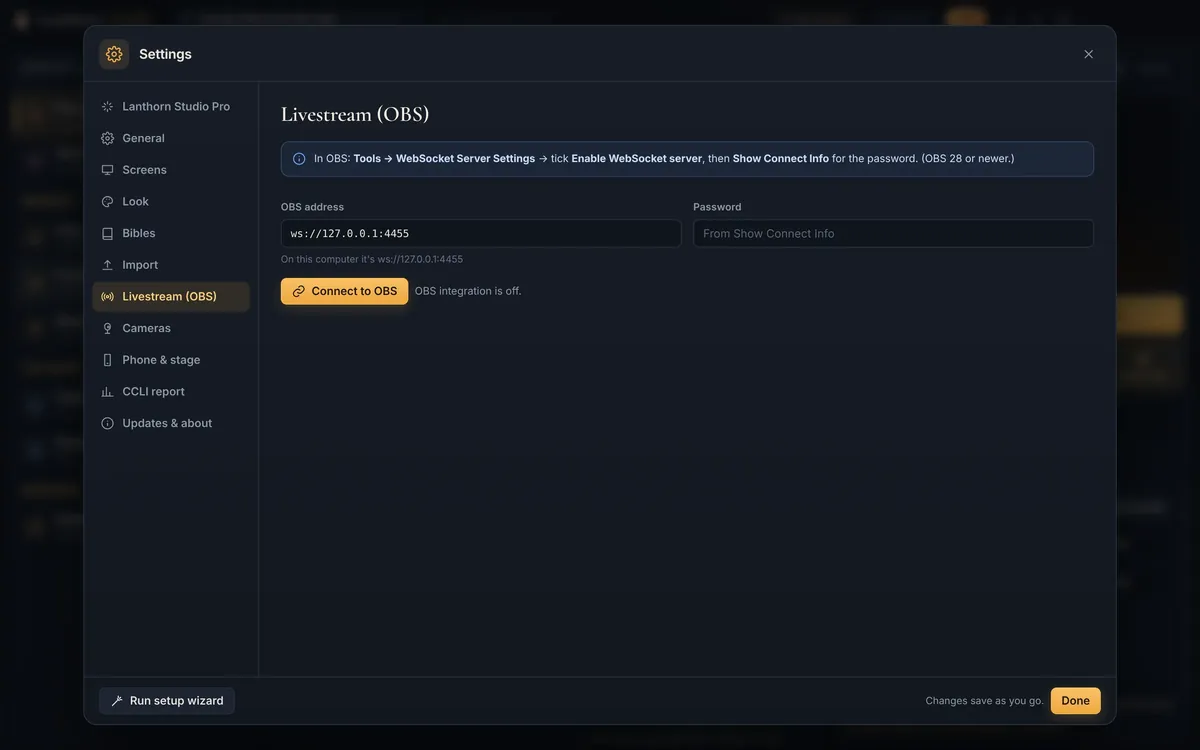 Settings, Livestream (OBS): the OBS address, the password from Show Connect Info, and a Connect to OBS button.