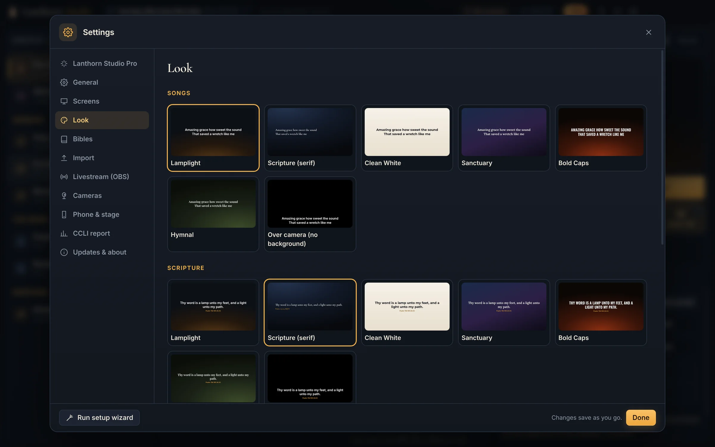 Settings, Look: the built-in looks for songs and scripture shown as thumbnails, with Lamplight selected for songs and Scripture (serif) for verses.