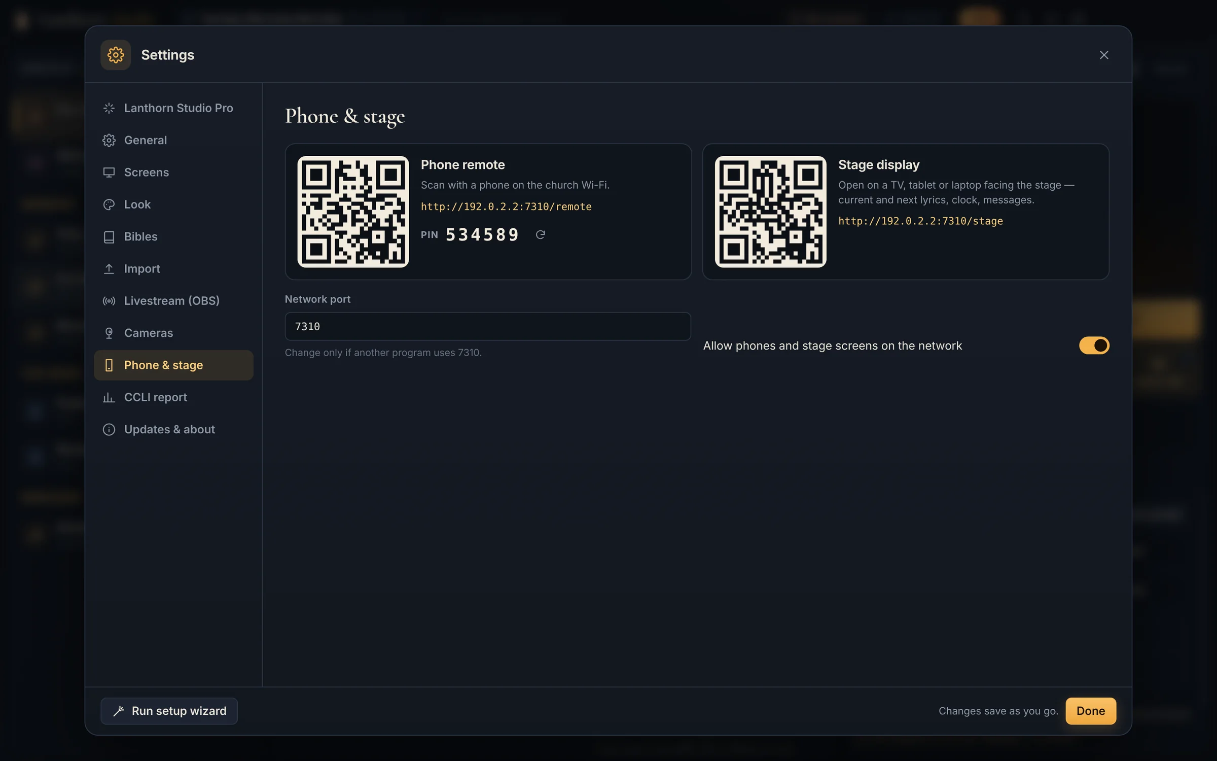 Settings, Phone and stage: QR codes for the phone remote with its PIN and for the stage display, with their local network addresses.