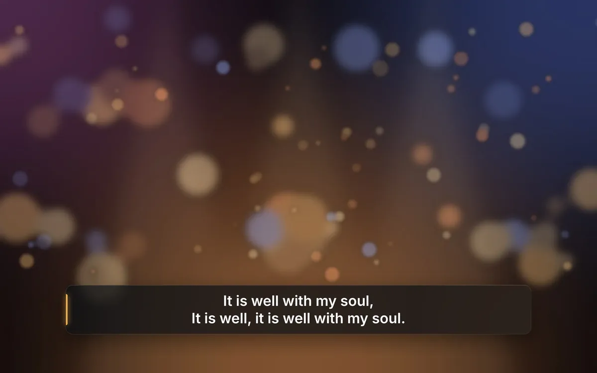 The livestream view: the chorus of It Is Well With My Soul as a lower third over the camera shot.