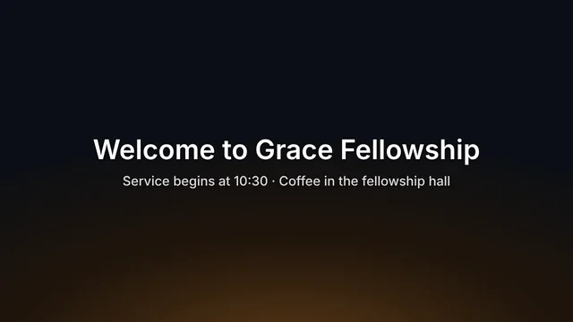 The foyer TV showing the welcome slide: Welcome to Grace Fellowship, Service begins at 10:30, Coffee in the fellowship hall.