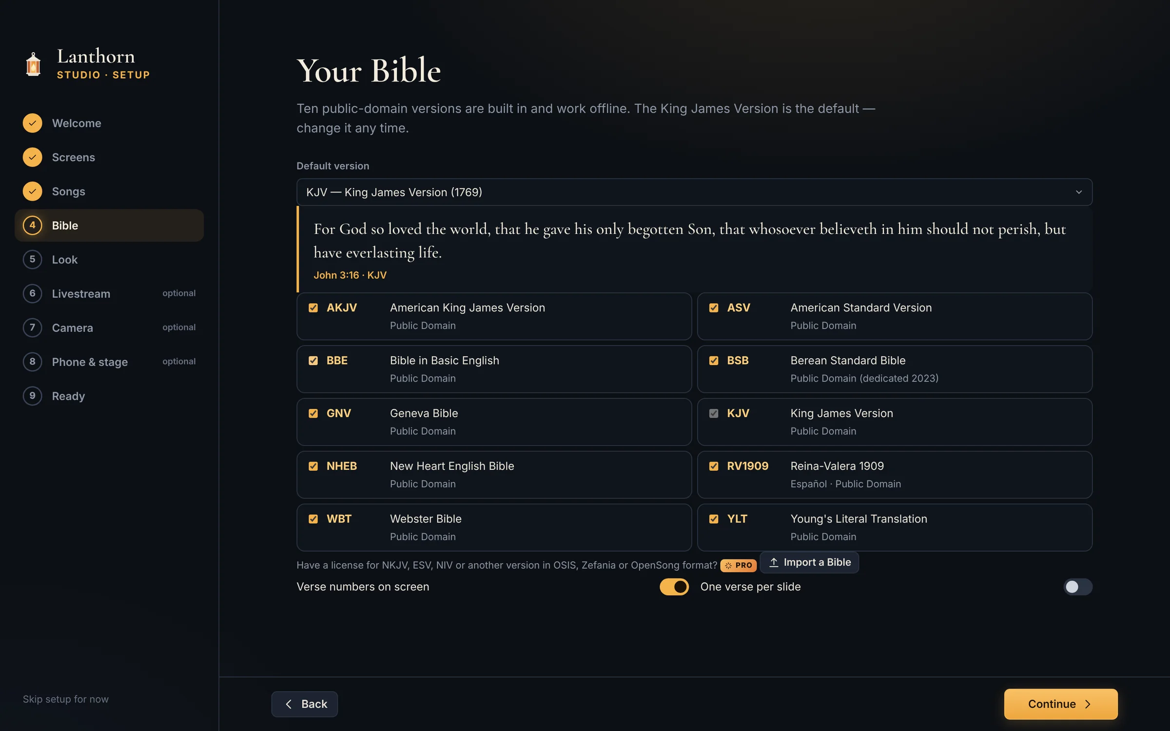 The wizard’s Your Bible step: KJV chosen as the default with John 3:16 shown, and the ten built-in public-domain versions listed with checkboxes.