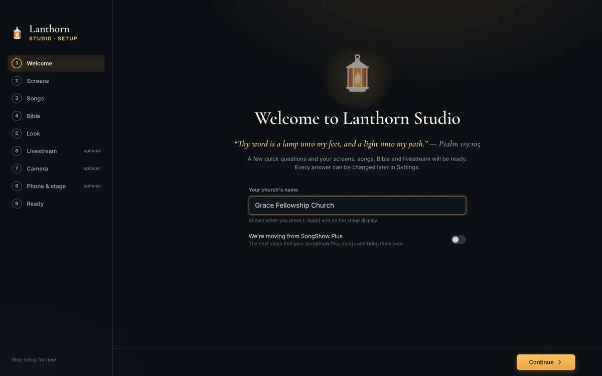 The setup wizard’s welcome page, with the church’s name and a switch for moving from SongShow Plus, and the nine steps listed on the left.
